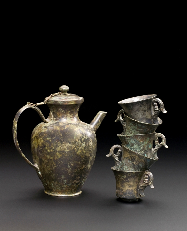 China, Bronze Ewer and Five Cups