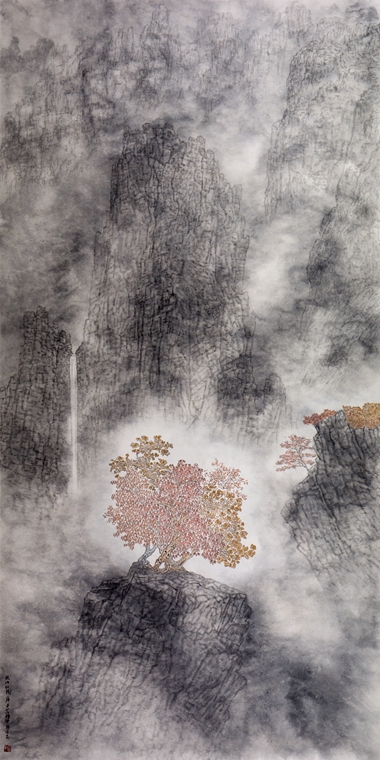 Zhi Guan, 2020, Red Trees in Autumn Mountains, Ink and colour on paper