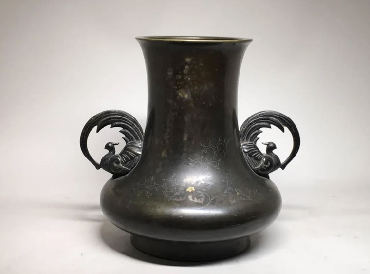 c. 1800, Bronze Flower Vase with Rooster Handles
