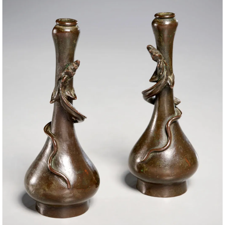 Pair of Bronze Flower Vases with Dragons, Bronze