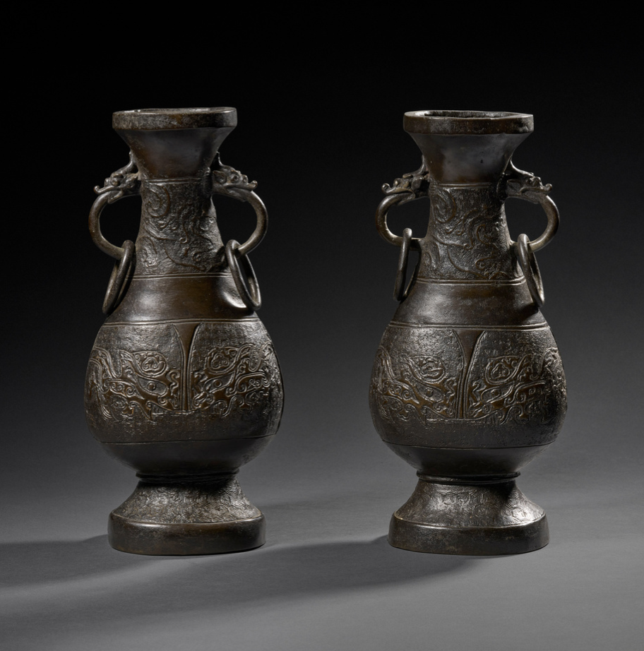 China, Yuan/Ming dynasty, 14th-16th century, Pair of Bronze Flower Vases, Bronze